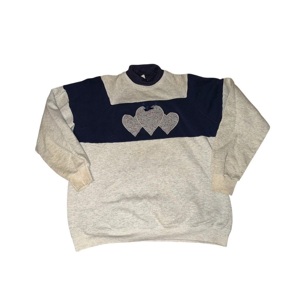 VTG 80s Lee made in USA cottagecore patchwork heart grey/blue pullover crew neck